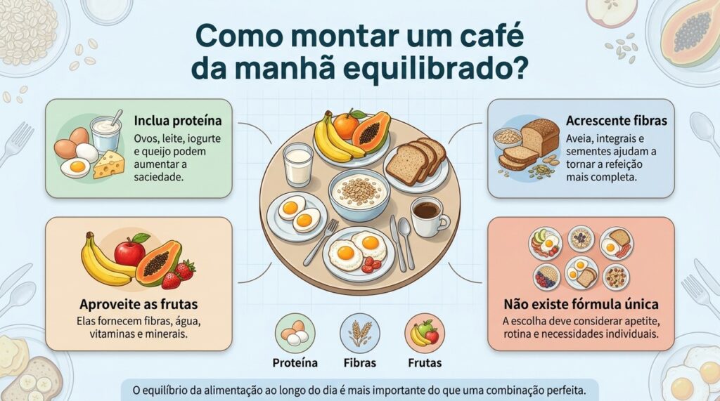 Proteínas, fibras e frutas podem se complementar em um café da manhã simples e equilibrado.