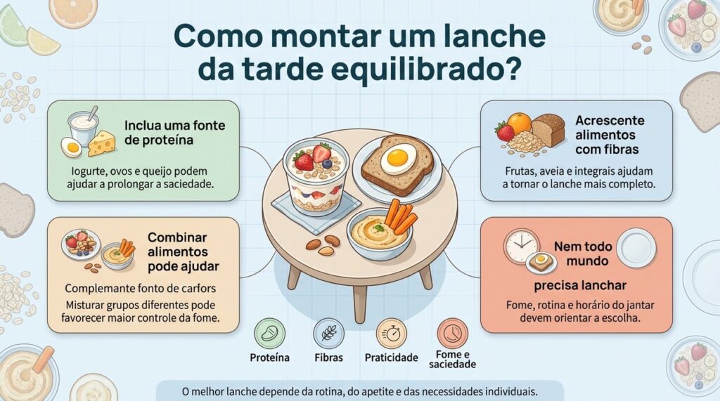 Um lanche equilibrado pode reunir proteína, fibras e alimentos simples, sem precisar seguir uma fórmula única.