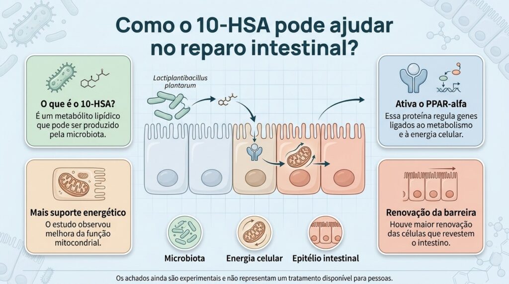 O estudo identificou uma rota pela qual uma molécula da microbiota pode estimular processos de energia e renovação da barreira intestinal.