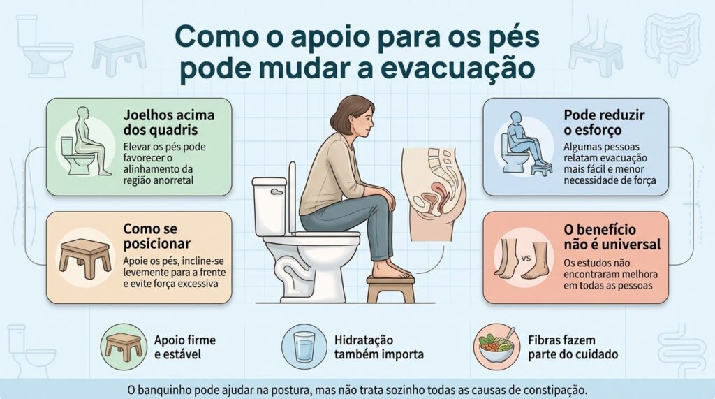 Um apoio para os pés pode melhorar a posição no vaso, mas outras causas de constipação também precisam ser consideradas.