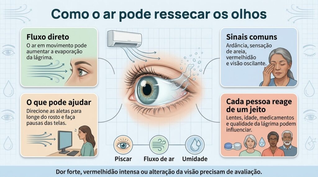 Ar em movimento e baixa umidade podem desestabilizar o filme lacrimal e favorecer sintomas de olho seco.