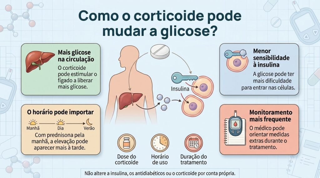 O corticoide pode aumentar a liberação de glicose pelo fígado e reduzir a sensibilidade das células à insulina.
