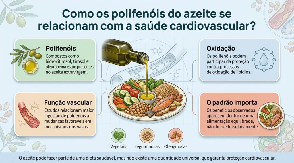 O azeite extravirgem fornece polifenóis e ácido oleico, mas seus benefícios são melhor compreendidos dentro do padrão mediterrâneo como um todo.