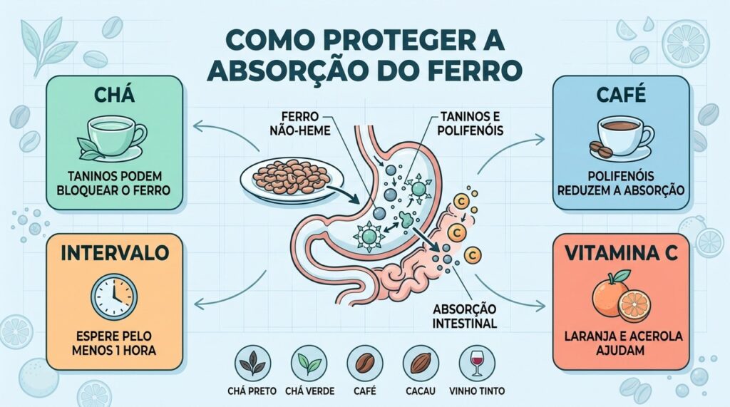 Chá, café e outros polifenóis podem interferir no ferro; intervalo e vitamina C ajudam.