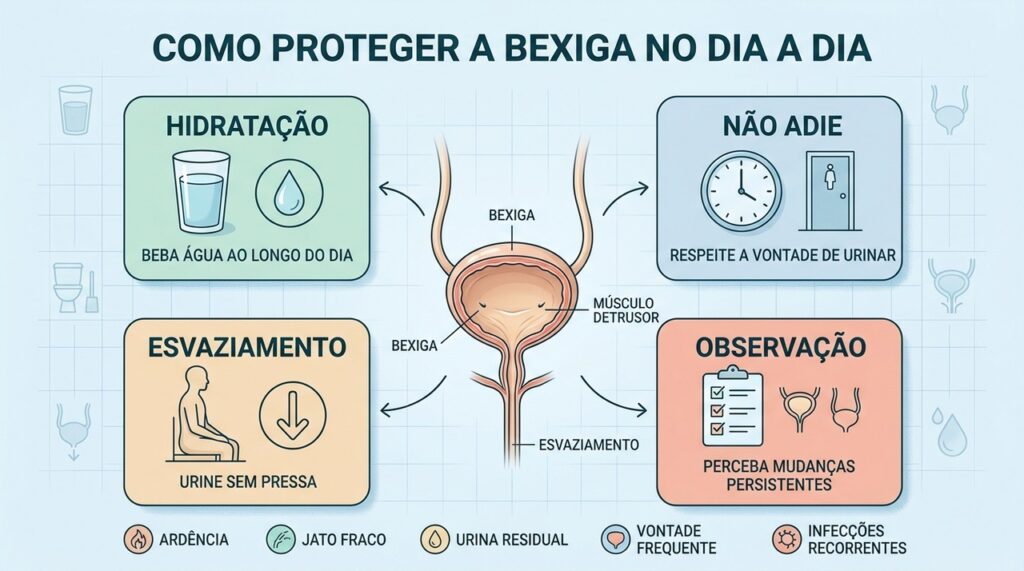 Hidratação, pausas regulares e esvaziamento adequado ajudam a preservar a saúde urinária.