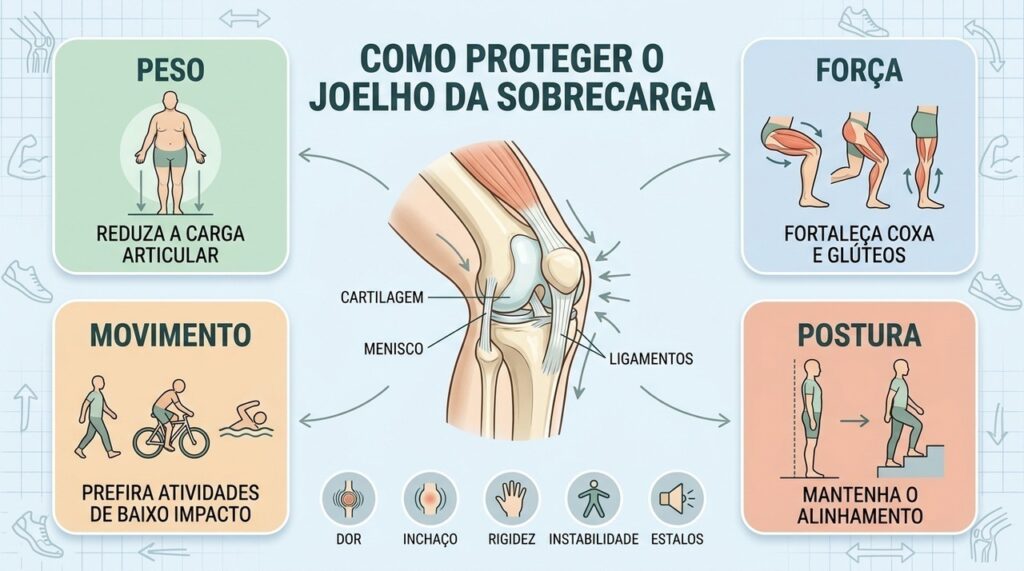 Peso adequado, força muscular, movimento e postura ajudam a preservar a saúde do joelho.
