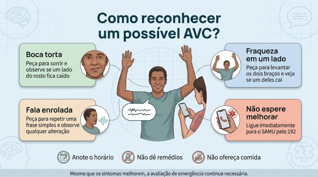 Diante de sinais súbitos de AVC, a orientação é acionar o SAMU pelo 192 e informar quando os sintomas começaram.
