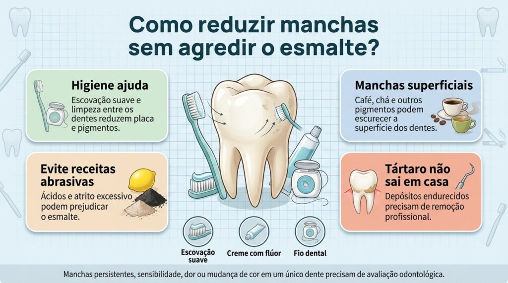 Cuidados suaves ajudam nas manchas superficiais, enquanto tártaro e alterações persistentes precisam de avaliação do dentista.