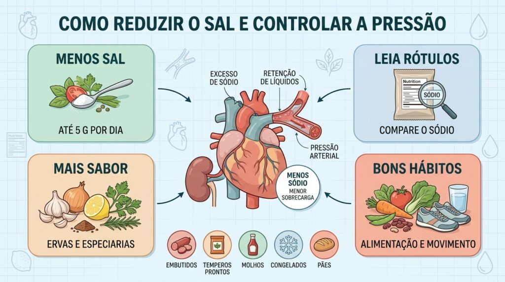 Menos sal, rótulos, temperos naturais e bons hábitos favorecem o controle da pressão.