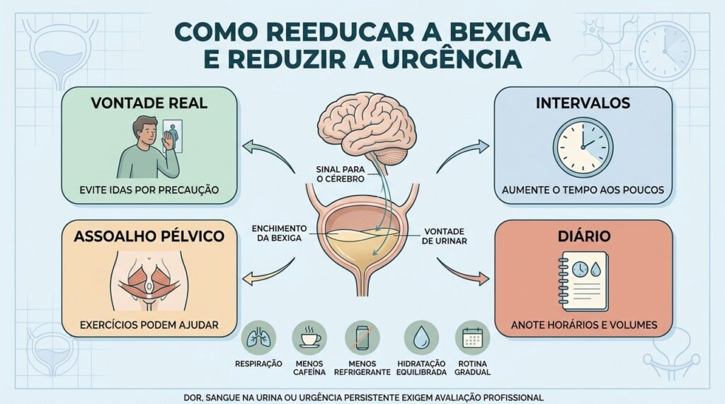 Intervalos graduais, diário miccional e assoalho pélvico ajudam na reeducação da bexiga.