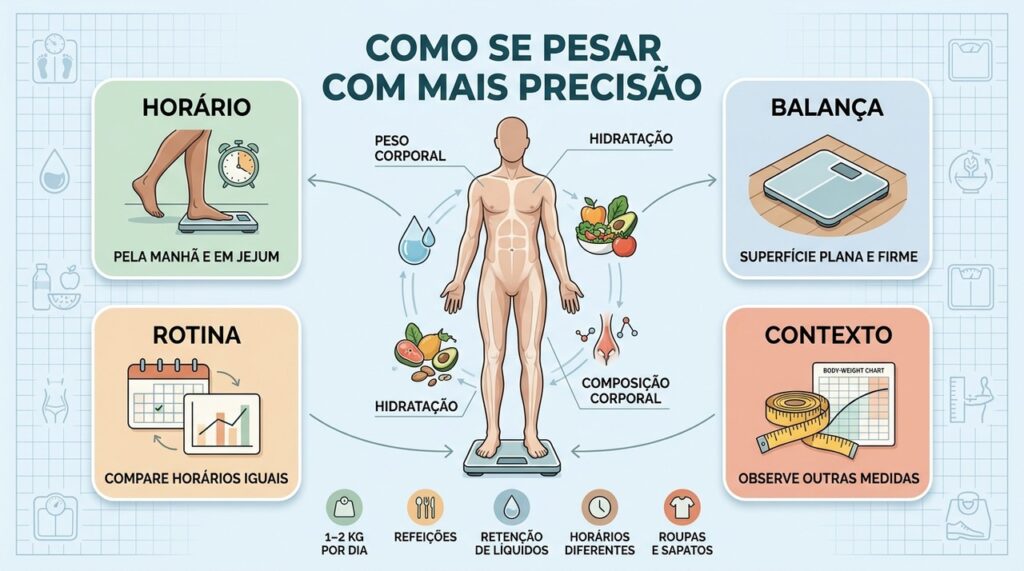 Horário, rotina, balança adequada e contexto corporal tornam a pesagem mais útil e confiável.