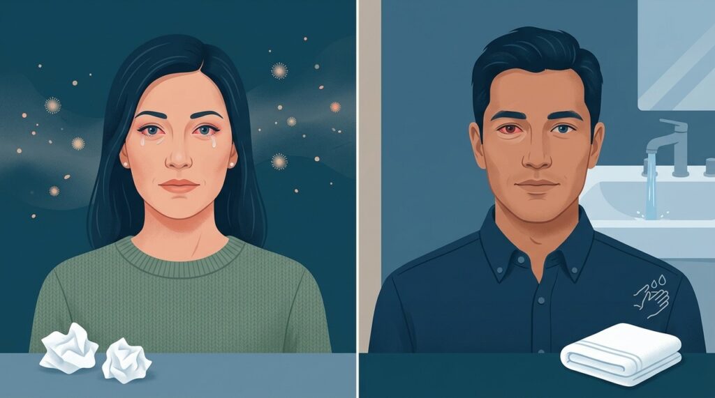 A forma alérgica não é contagiosa, enquanto conjuntivites infecciosas podem se espalhar entre pessoas.