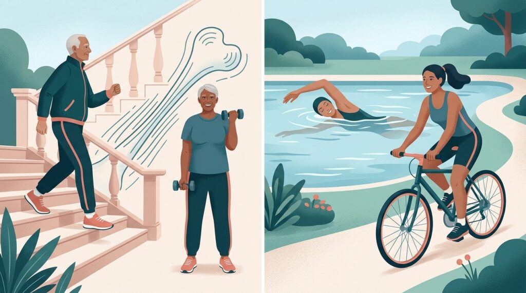 Musculação, caminhada rápida e escadas estimulam mais os ossos do que atividades sem sustentação do peso, como natação e ciclismo.