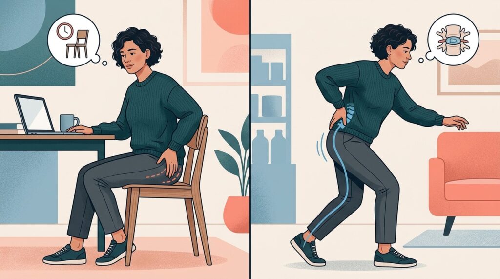 Ilustração compara duas situações que podem dar pistas sobre a origem da dor: desconforto profundo no glúteo ao permanecer sentado e dor relacionada a movimentos da região lombar com irradiação pela perna.