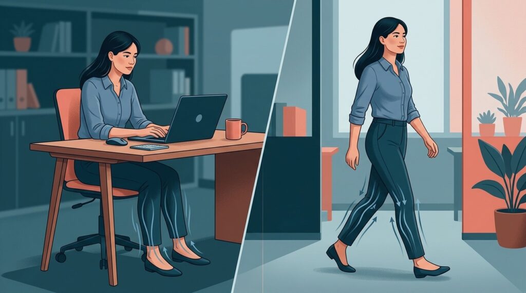 Caminhar por alguns minutos tende a estimular mais a circulação das pernas do que permanecer sentado sem interrupção.