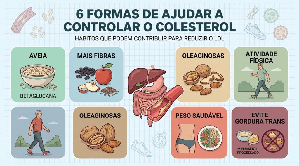 Seis hábitos combinam fibras, gorduras boas, exercício e controle do peso.