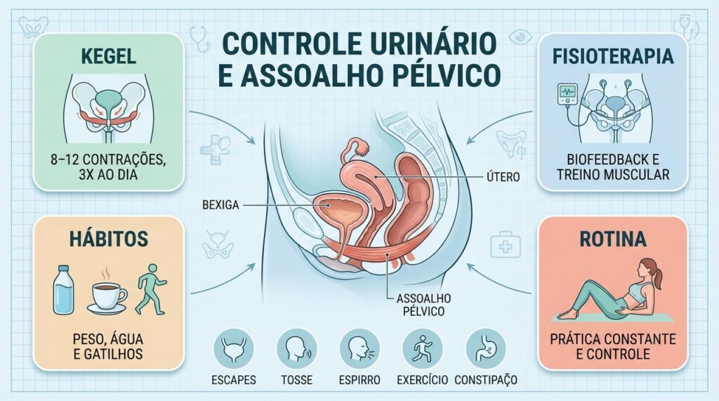 Kegel, fisioterapia, hábitos saudáveis e constância fortalecem o assoalho pélvico e reduzem escapes.