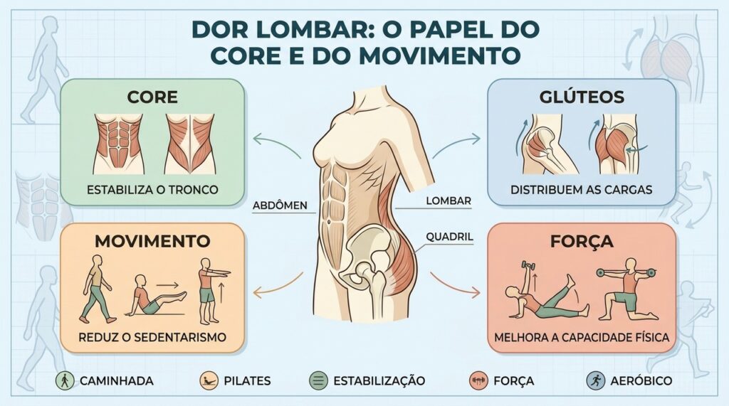 Core, glúteos, força e movimento ajudam a melhorar função e controle lombar.