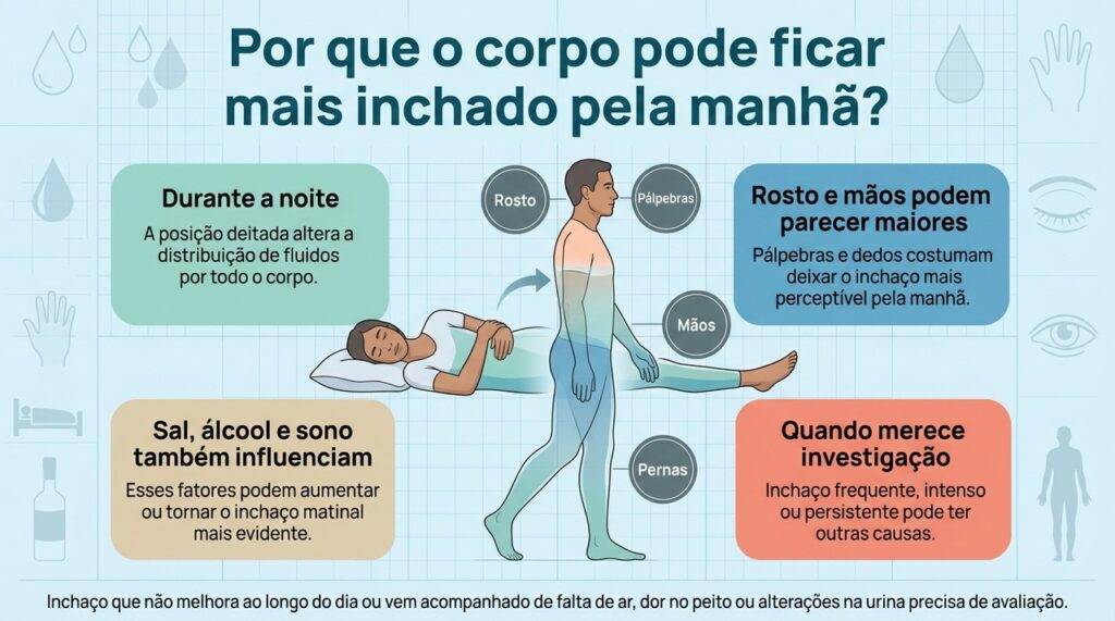 O inchaço matinal costuma ser passageiro, mas quando persiste ou aparece com outros sintomas merece investigação.