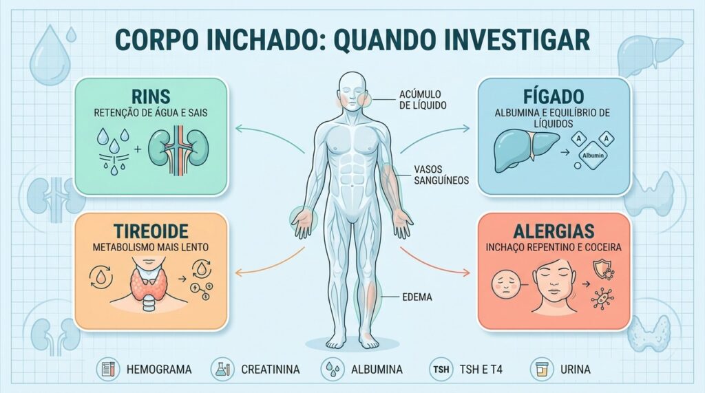 Rins, fígado, tireoide e alergias estão entre as causas investigadas do edema persistente.