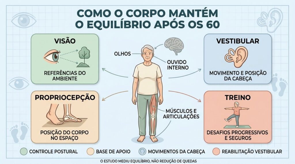 Visão, sistema vestibular e propriocepção trabalham juntos para sustentar o controle postural.