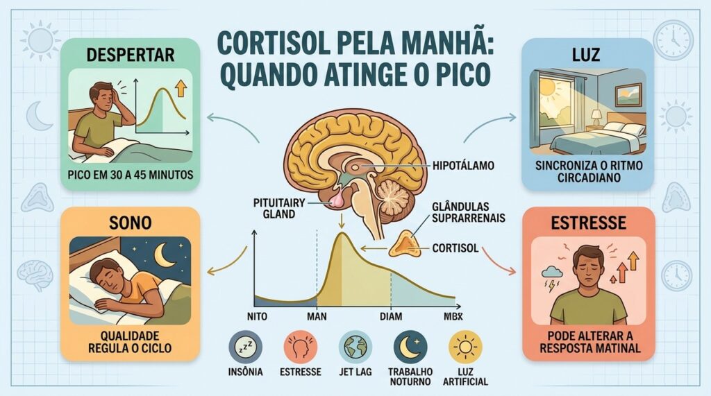 Sono, luz, estresse e horários regulares influenciam o pico natural do cortisol.