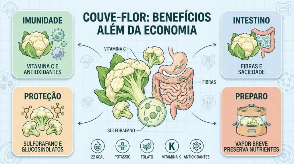 Fibras, vitamina C, sulforafano e potássio ampliam os benefícios da couve-flor.