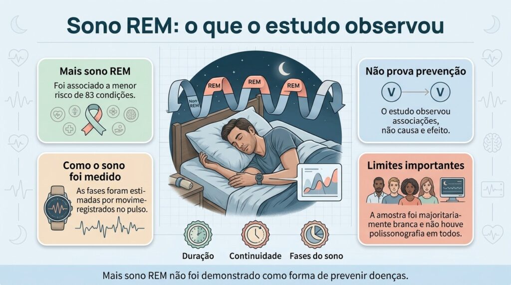 O estudo relacionou características da arquitetura do sono a desfechos de saúde, mas não demonstrou que aumentar o REM previna doenças.