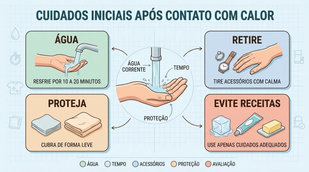 Água corrente, retirada de acessórios e proteção leve orientam os cuidados iniciais.