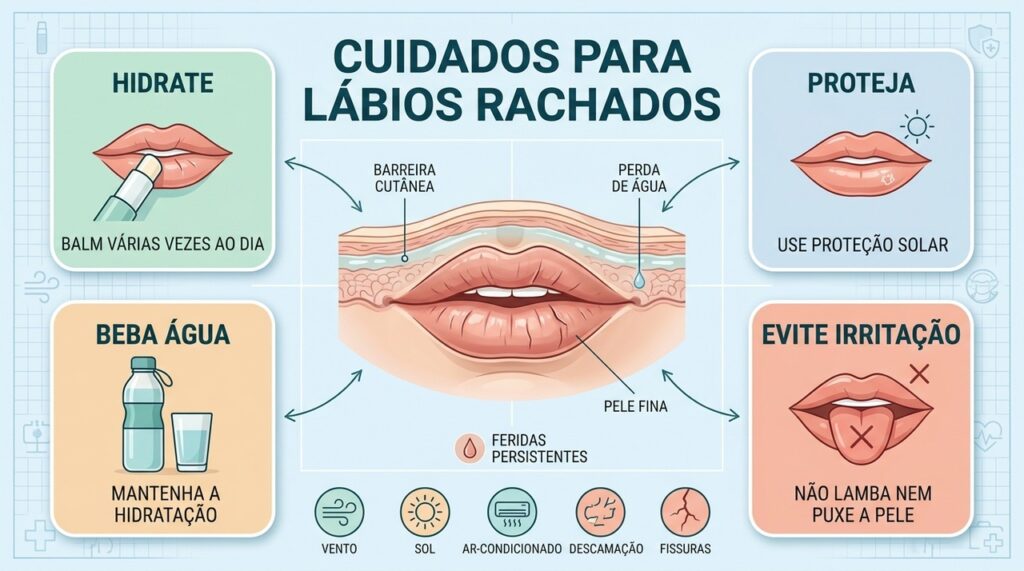 Hidratação, proteção solar e menos irritação ajudam a evitar lábios rachados.