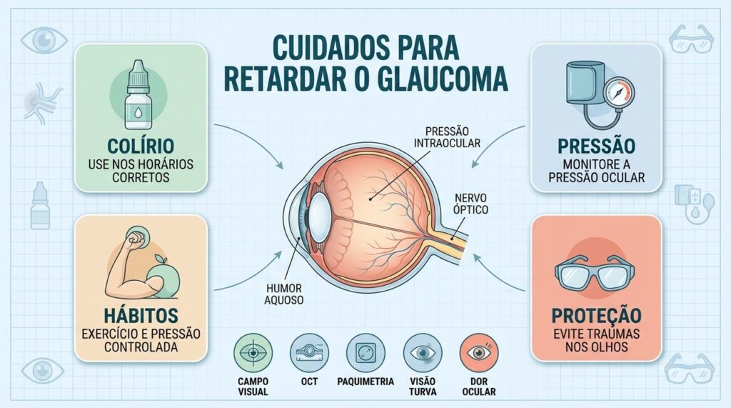 Controle da pressão, hábitos saudáveis, exames e proteção ocular formam os principais cuidados.
