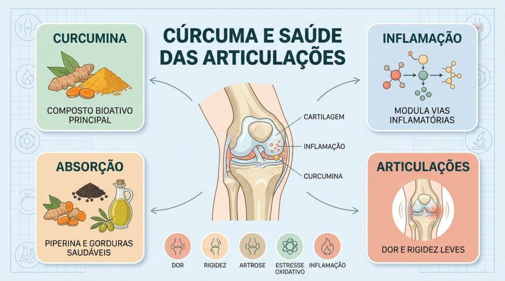 Curcumina, absorção adequada e orientação profissional complementam cuidados para articulações inflamadas.