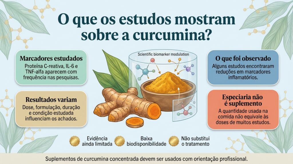 As pesquisas sugerem efeitos sobre alguns marcadores inflamatórios, mas a curcumina não substitui tratamentos médicos.