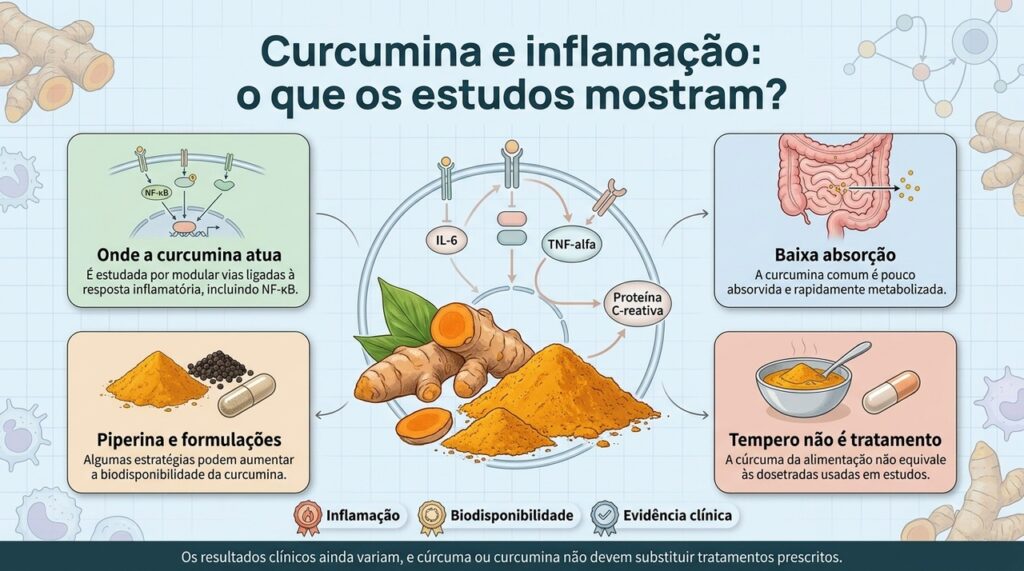 A curcumina tem efeitos estudados sobre marcadores inflamatórios, mas baixa absorção e diferenças entre estudos ainda limitam conclusões clínicas.