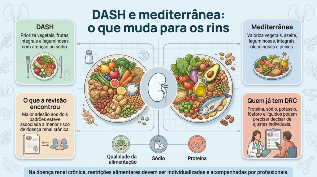 A revisão encontrou benefícios associados aos dois padrões, mas a alimentação precisa ser individualizada na doença renal crônica.