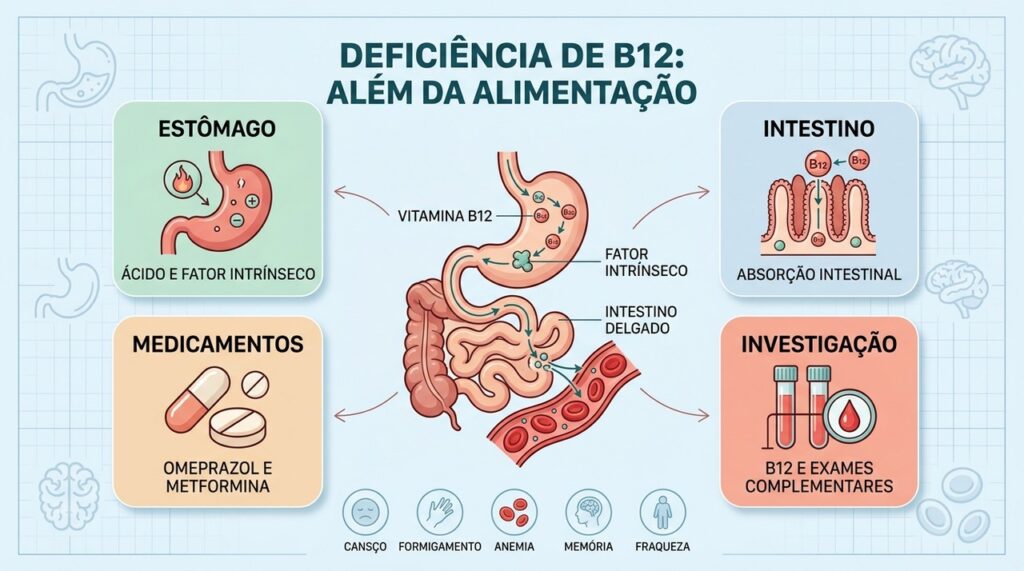 Estômago, intestino, medicamentos e exames ajudam a investigar a deficiência de vitamina B12.