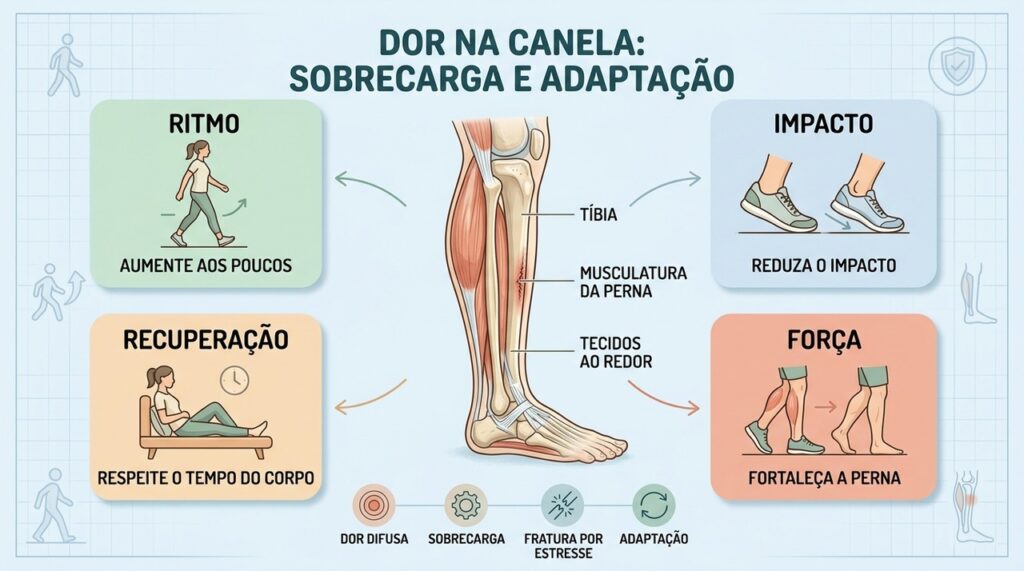 Ritmo gradual, menor impacto, recuperação e força ajudam a prevenir sobrecarga na canela.