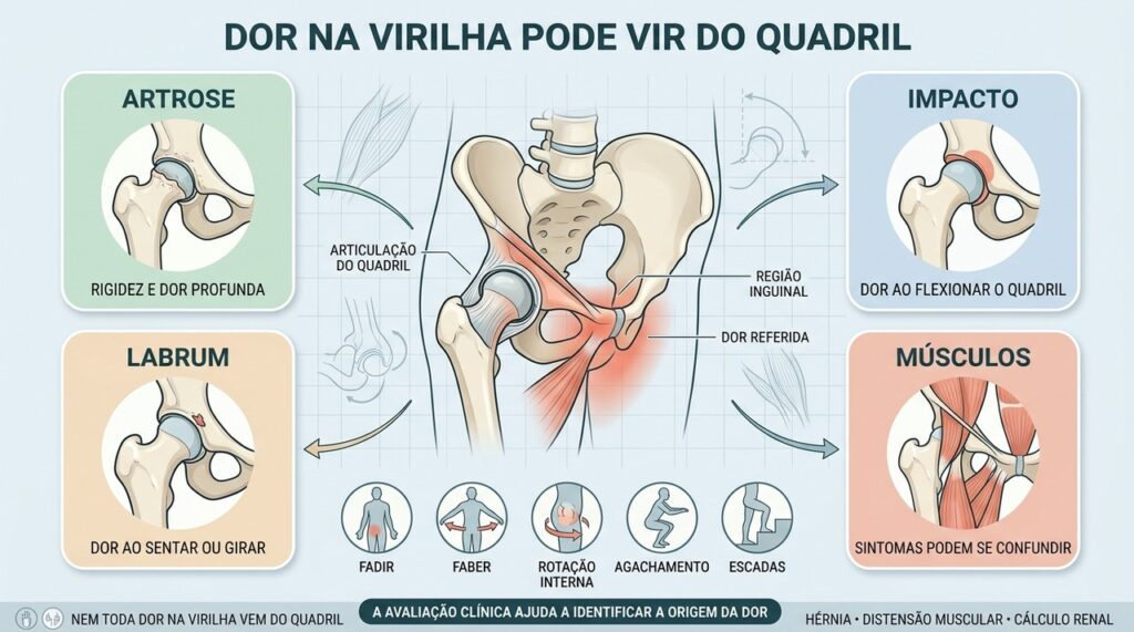 Artrose, impacto, lesões do labrum e músculos podem irradiar dor para a virilha.