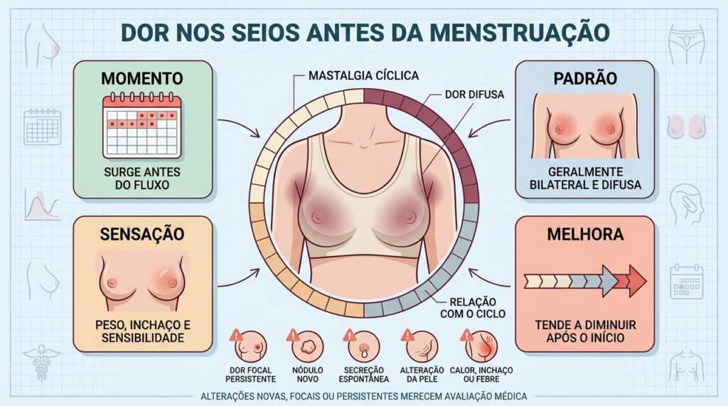 Momento, distribuição, sensação e melhora ajudam a reconhecer a mastalgia cíclica.
