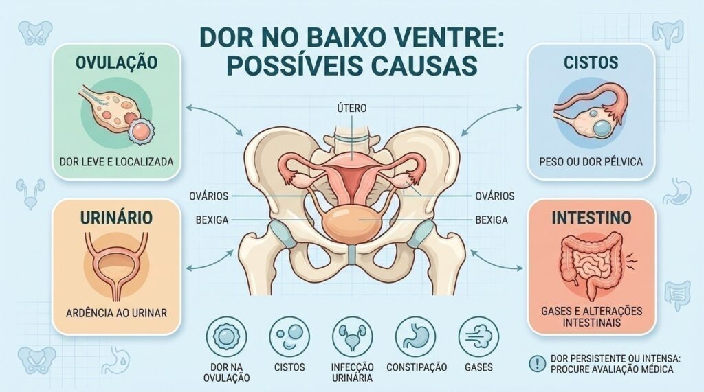 Ovulação, cistos, infecções urinárias e alterações intestinais podem provocar dor pélvica.