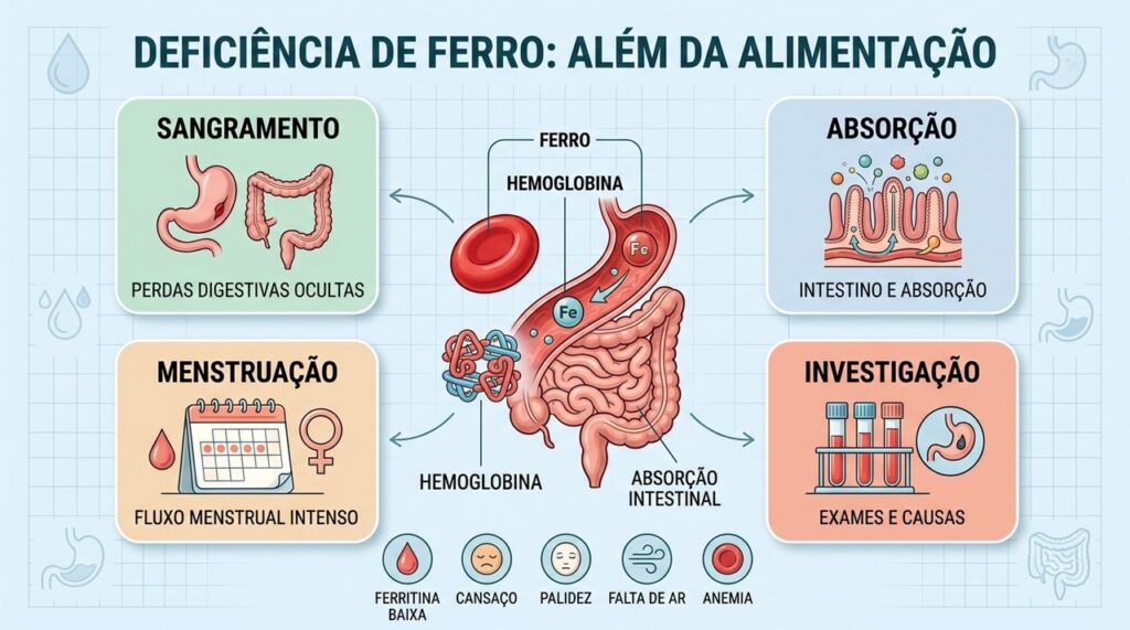 Alimentação, perdas sanguíneas, absorção intestinal e exames orientam a investigação da deficiência de ferro.