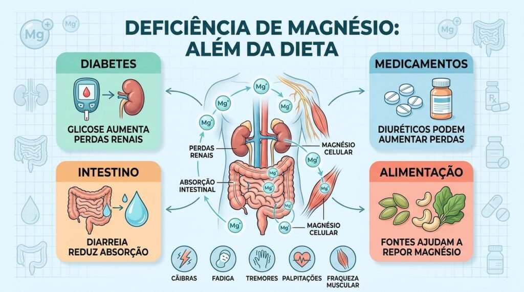 Diabetes, medicamentos, intestino e alimentação influenciam diretamente o equilíbrio do magnésio.
