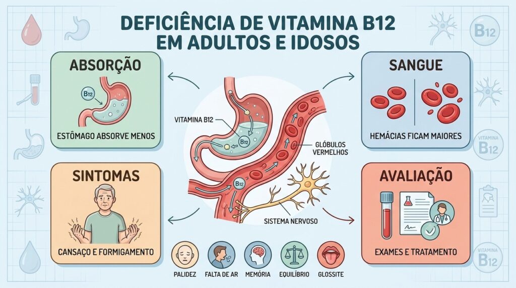 Absorção reduzida de B12 afeta sangue, nervos, sintomas e investigação médica.