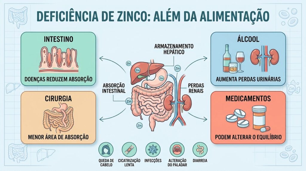 Intestino, álcool, cirurgias e medicamentos podem reduzir a absorção ou aumentar perdas de zinco.