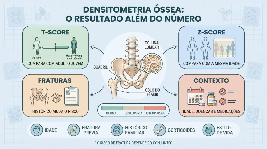 T-score, Z-score, fraturas e fatores clínicos orientam a interpretação da densitometria.