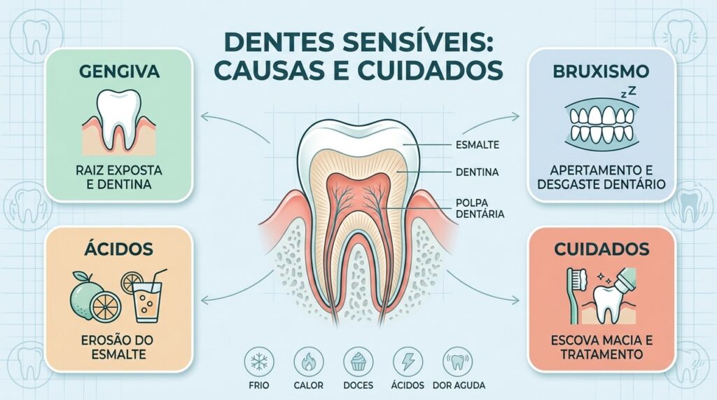 Retração gengival, bruxismo e erosão podem expor a dentina e causar sensibilidade.