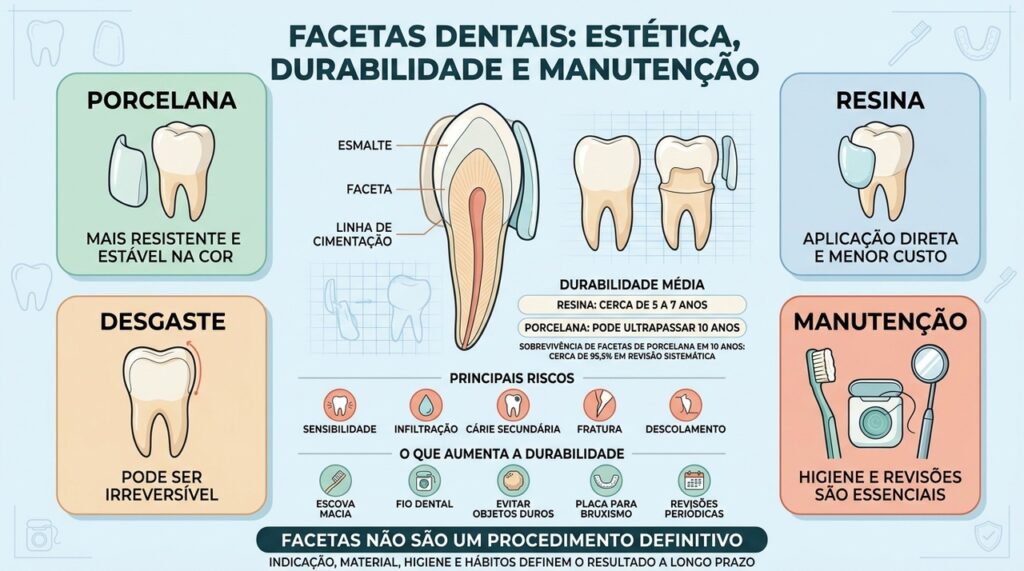 Material, desgaste, manutenção e hábitos determinam a durabilidade real das facetas dentais.