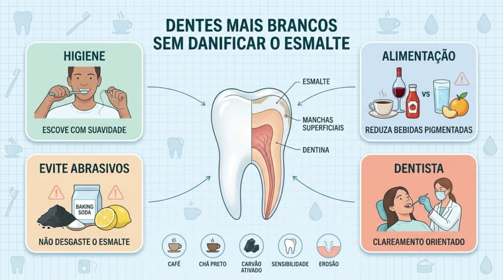 Higiene suave, alimentação consciente e orientação profissional protegem o esmalte durante o clareamento.