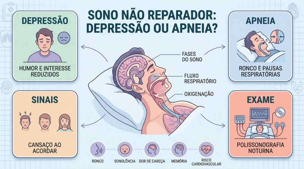 Depressão e apneia exigem sinais distintos, investigação clínica e, quando indicada, polissonografia.