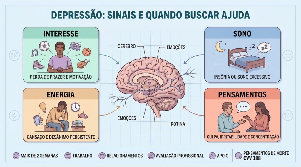 Sintomas persistentes por mais de duas semanas podem exigir avaliação profissional e apoio adequado.